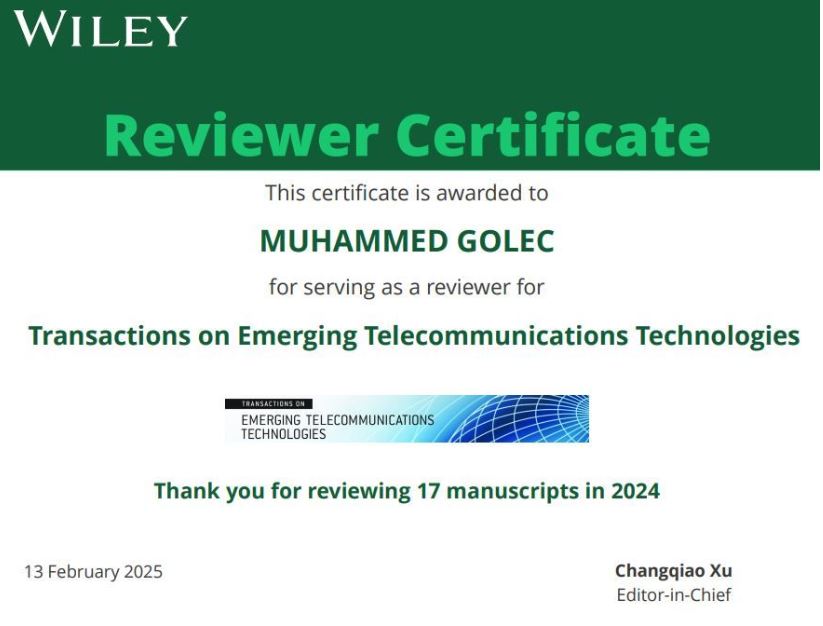 2025 Reviewer Certificate (Wiley Transactions on Emerging Telecommunications Technologies)